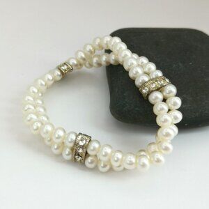 Vintage double Row Pearl Bracelet On Stretch With Crystals